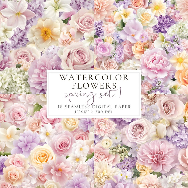 Spring Flower Digital Paper Watercolor Flower Seamless Pattern Pastel ...