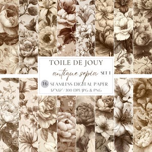 May include: A collection of 16 seamless digital papers with a vintage floral design in sepia tones. The papers feature various flower illustrations, including peonies and lilies, with the text "TOILE DE JOUY antique sepia SET 1" and dimensions of 12"x12".