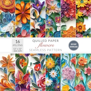 Quilled Flower Seamless Digital Paper Pack Colorful Paper Quilling Floral Patterns Scrapbook & Junk Journal Paper