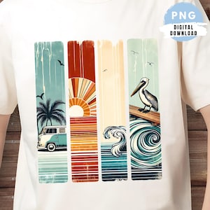 Vintage Sommer Strand Clipart Aquarell Brushstroke Shirt Design Retro Surf Van Sunburst Ozean Wellen Pelikan Sublimation DTF Design