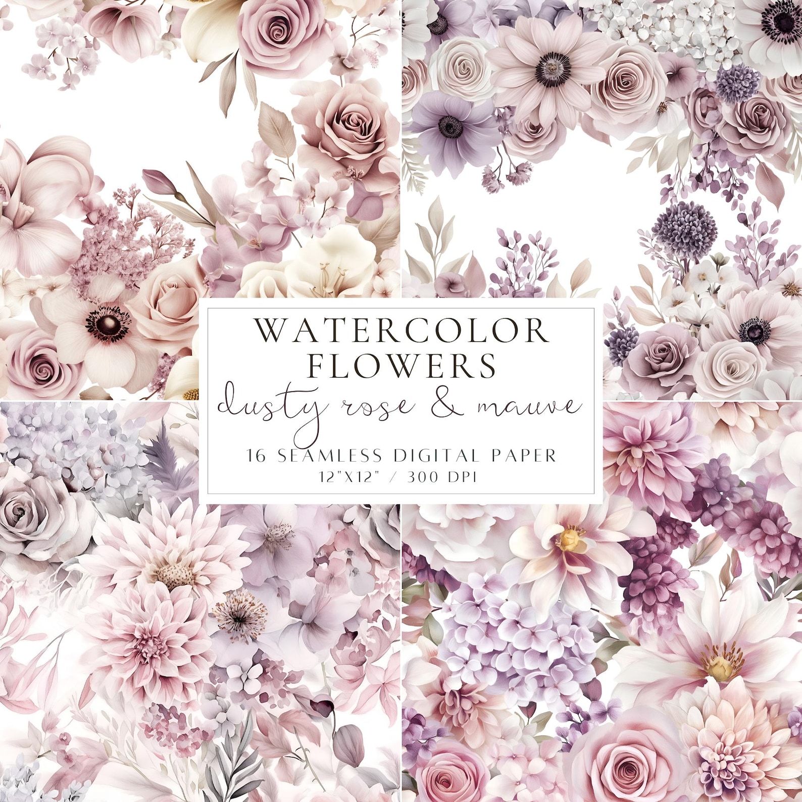 Watercolor Flower Digital Paper Dusty Rose Floral Seamless Pattern ...