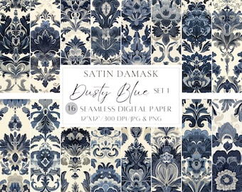 ダークダスティブルーサテンダマスクシームレスパターンセット1 エレガントなジャカード風デジタルペーパー（スクラップブッキングやジャンクジャーナル用、商業利用可）