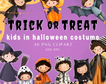 Könnte beinhalten: Eine digitale Illustration mit Kindern in Halloween-Kostümen. Das Bild enthält den Text "TRICK OR TREAT" und "kids in halloween costume". Die Kinder sind als Hexe, Fee, Fledermaus, Geist, Kürbis, Katze und Junge mit Hut verkleidet.