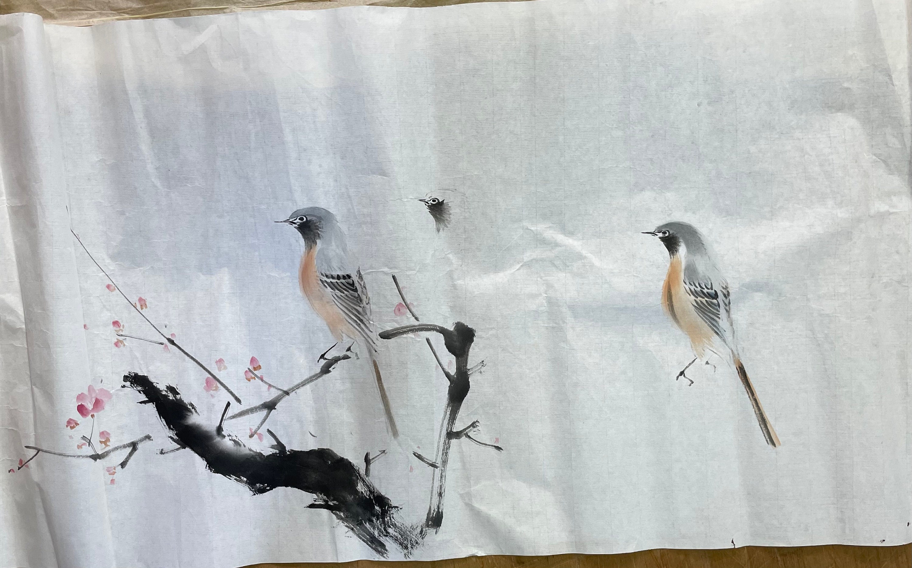 Japan Vintage Ink Sketch Painting Sumie Art 1930 Bird Motif B