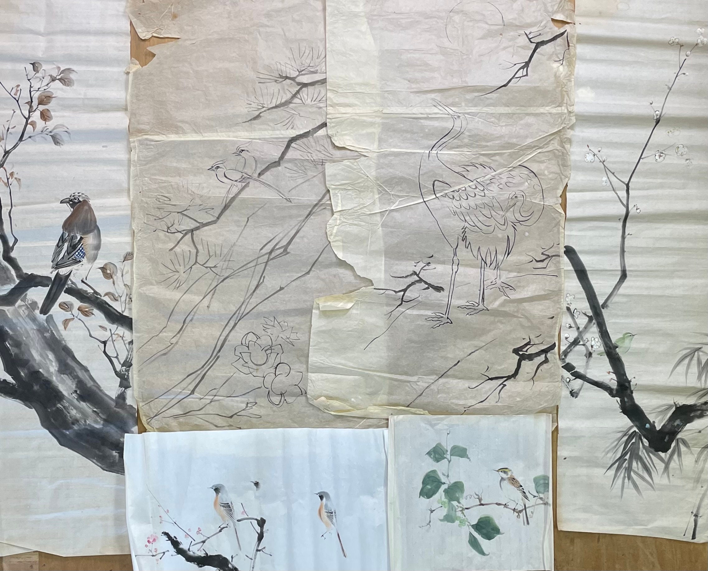 Japan Vintage Ink Sketch Painting Sumie Art 1930 Bird Motif B