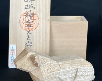 Japan hand made wood carving vintage zodiac animal cow rural craft
