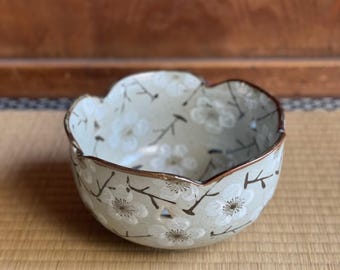 Vintage Akazu Ware Japanese Ceramic Bowl, White Plum Blossoms, Japanese Tea Ceremony