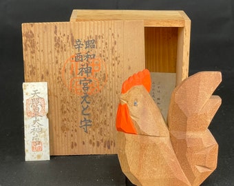 Japan hand made wood carving vintage zodiac animal rooster rural craft