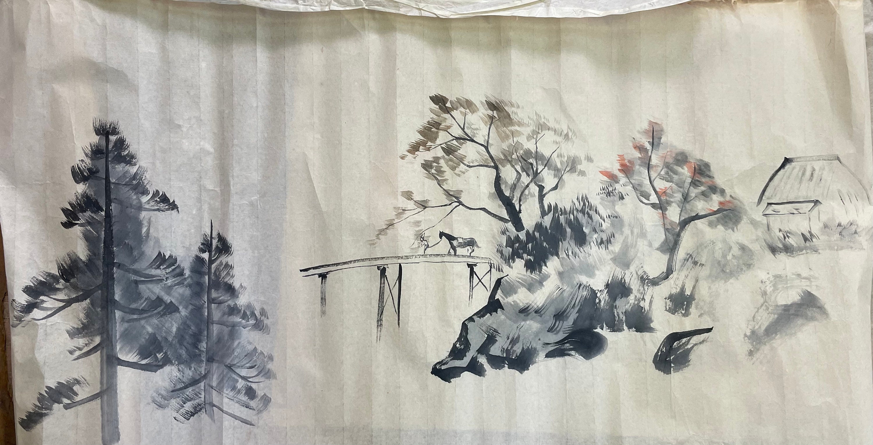 Japan Vintage Ink Sketch Painting Sumie Art 1930 Landscape Motif