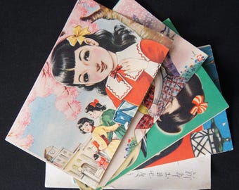 Japan vintage anime post card retro girls 1950 total of 5