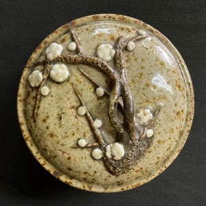 Vintage Oribe Style Covered Bowl with Plum Motif, Repaired Ceramic Container ー Japanese Food Box