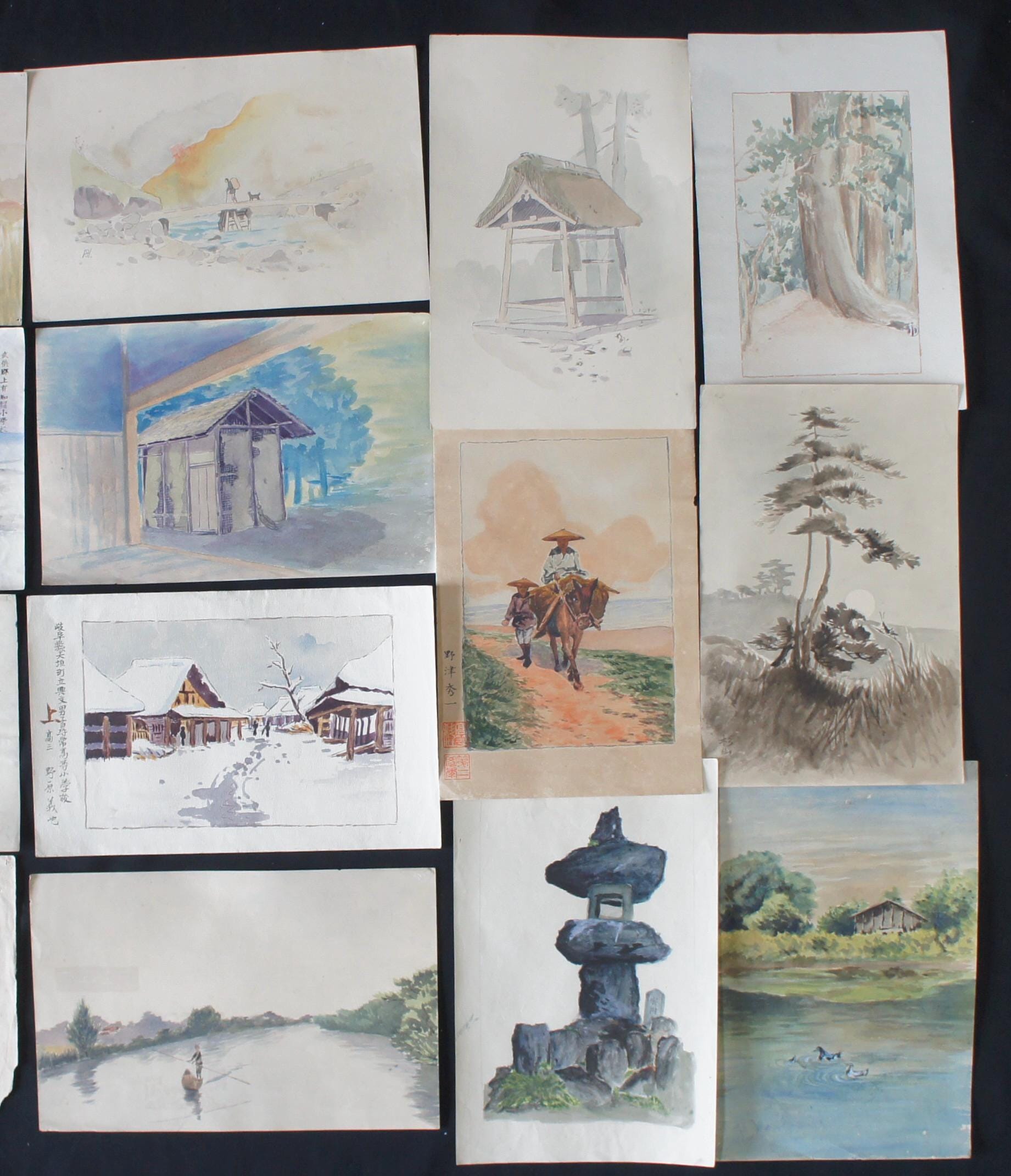 Antique Japanese Watercolor Sketch 1900 Hand Painting A Total of