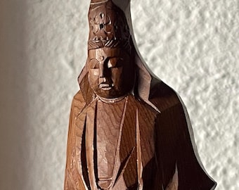 Vintage Hida Ichii Wood Carving Kannon Bodhisattva, Japanese Wooden Buddhist Statue with Base