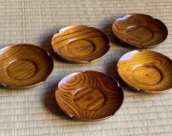 Vintage Japanese Wooden Tea Coasters | Floral Edge, Beautiful Natural Grain | Set of 5