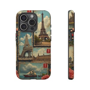Capa de telefone com cartão postal artístico, colagem vintage de marcos internacionais, capa da Torre Eiffel, estampas florais para iPhone, Samsung, fosco, brilhante