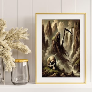 May include: A digital painting of the Grim Reaper standing in a misty, mountainous landscape. The Reaper is wearing a hooded robe and holding a scythe. A human skull lies on the ground in the foreground.