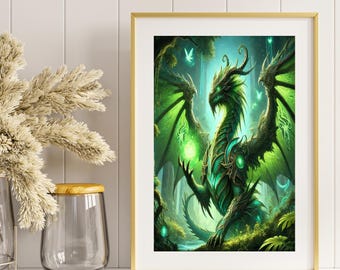 May include: A green dragon with glowing eyes and wings stands in a forest setting. The dragon is surrounded by green foliage and glowing orbs.