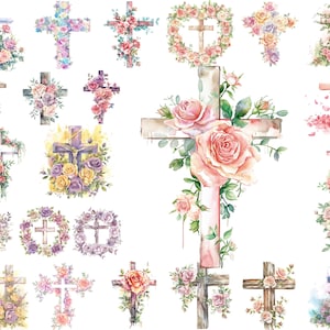 Watercolor Pastel Rose Cross PNG Clipart Bundle, Floral Crucifix, Christian Decor, Instant Digital Download, Commercial Use, Printable