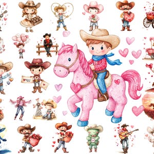 Watercolor Valentine Cowboy Clipart Bundle: Western Heart PNG (Commercial Use)