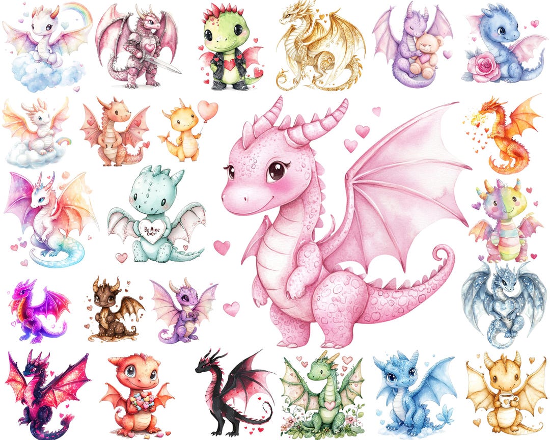 Valentine Dragon PNG Clipart Bundle, Watercolor Dragons Heart Wing Love ...