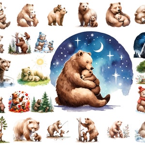 Ensemble de cliparts PNG maman et bébé ours aquarelle, décoration de chambre d'enfant, téléchargement numérique instantané, usage commercial, art imprimable maman bébé