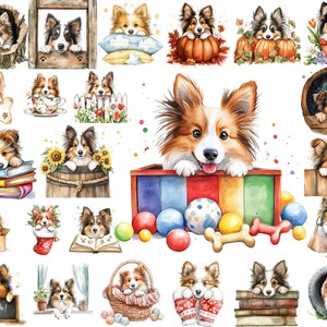 Könnte beinhalten: Aquarellillustrationen verschiedener Hunde in unterschiedlichen Umgebungen. Die Hunde werden in verschiedenen Posen dargestellt, darunter das Herausblicken aus einem Holzrahmen, das Sitzen auf einem Kissen und das Sitzen in einem Weihnachtsstrumpf. Die Farbpalette umfasst Braun-, Weiß- und Orangetöne.