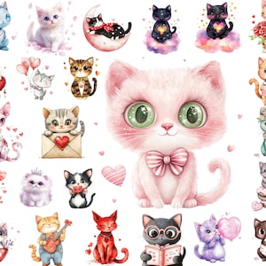 Valentine Cat PNG Clipart Bundle, Watercolor Cats, Heart Themes, Instant Download, Commercial Use, Printable Art
