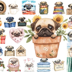 Paquete de imágenes prediseñadas de un pug asomando, valla de acuarela, caja, mochila, descarga instantánea, uso comercial, arte imprimible