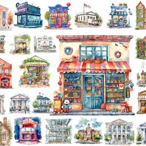 Aquarell Gemeinschaftsgebäude PNG Clipart Bundle, Sofortiger Download, kommerzielle Nutzung, Krankenhaus, Schule, Bank, Café, Lebensmittelgeschäft, Polizei