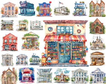 Watercolor Community Buildings Clipart: Town Scenes (PNG, Commercial Use)