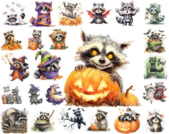 Watercolor Halloween Raccoon Clipart Bundle: Spooky PNG Images (Commercial Use, Instant Download
