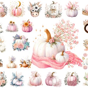 May include: Watercolor illustrations of pumpkins in various designs. The pumpkins are white and pink, decorated with flowers, leaves, and other autumnal elements. Some have gold accents, and others are arranged in baskets or with decorative scarves.