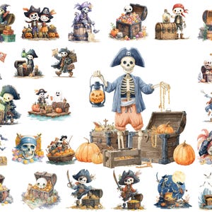 Halloween Skeleton Pirate with Treasure Chest PNG Clipart Bundle, Watercolor Art, Instant Download, Commercial Use, Printable Art