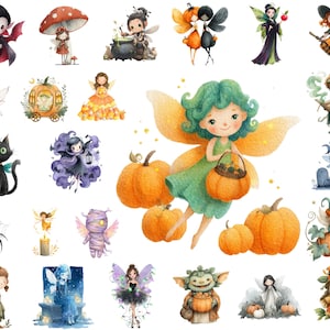 May include: A collection of watercolour illustrations featuring Halloween characters such as fairies, a vampire, and a black cat. The artwork uses bright colours and whimsical designs, suitable for seasonal decorations or craft projects.