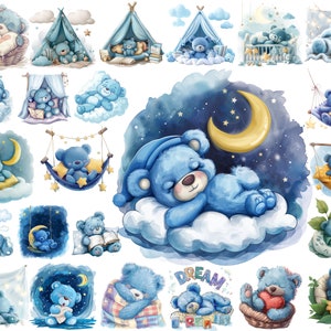 Watercolor Blue Sleepy Teddy Bear PNG Clipart Bundle, Boy Baby Shower Nursery Decor, Baby Bear Clipart, Commercial Use, Printable