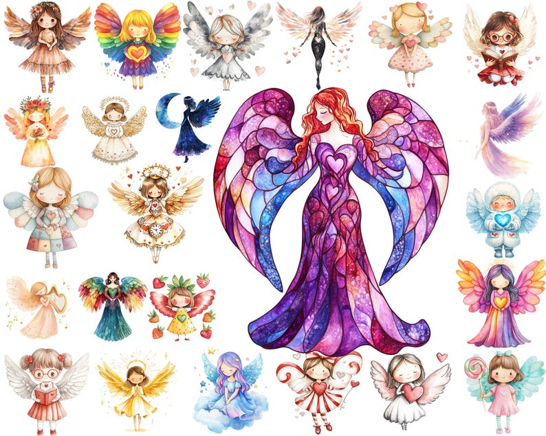 Valentine Angel PNG Clipart Bundle, Watercolor Hearts Angels, Instant ...