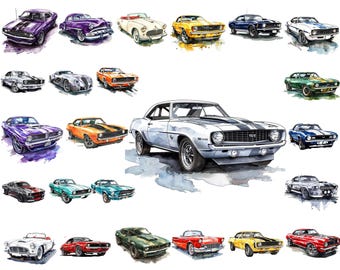 Paquete de imágenes prediseñadas de acuarela de coches clásicos: PNG de automóviles retro (descarga digital)