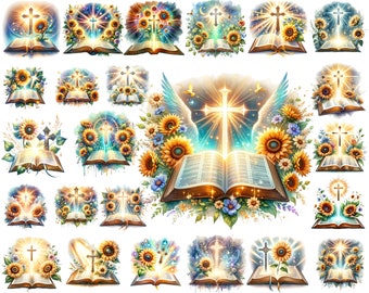 Watercolor Bible Clipart: Christian Cross & Sunflower PNG Bundle (Digital Download)
