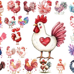 Pacote de clipart PNG de galo dos namorados, desenhos de coração em aquarela, animal de fazenda romântico, download instantâneo, uso comercial, arte para impressão