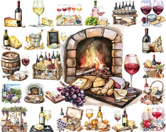 チョークのワインとチーズのクリップアート、黒板へのオーバーレイ