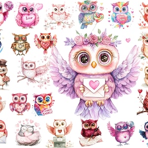 Hibou de la Saint-Valentin PNG Clipart Bundle, aquarelles tourtereaux, hiboux romantiques, téléchargement immédiat, usage commercial, art imprimable