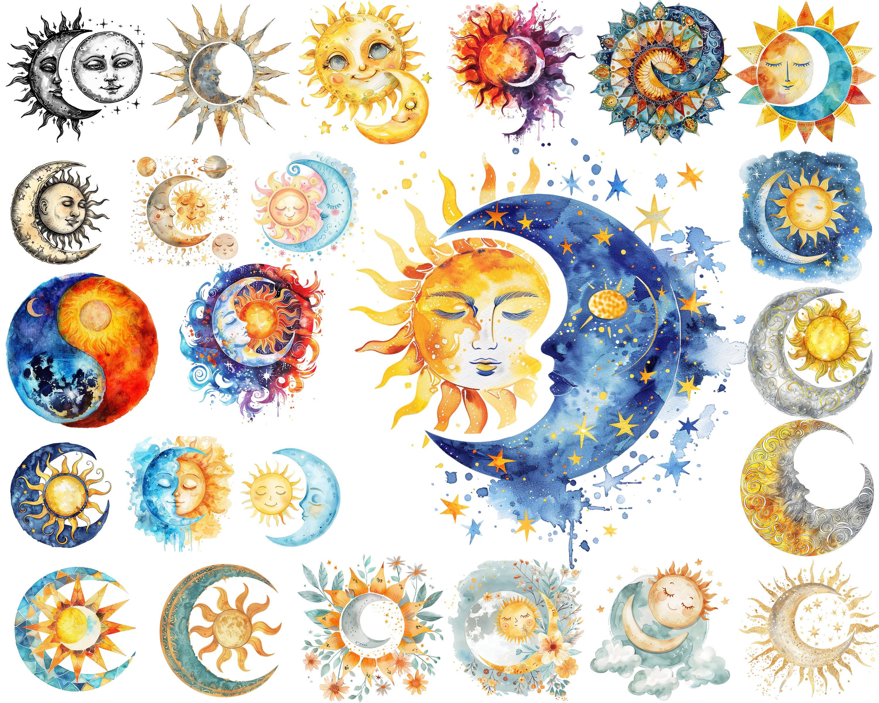 Celestial Sun and Moon Watercolor Clipart Bundle (PNG Digital Download)