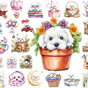 May include: Watercolor illustrations of adorable white puppies in various settings. The puppies are depicted in a variety of scenes, including a flower pot, a gift box, a teacup, and a hot air balloon. The illustrations feature bright colors and charming details.