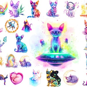 Può includere: Una collezione di illustrazioni ad acquerello con gatti Sphynx in varie pose. I gatti sono raffigurati in colori vivaci, alcuni con accessori come cuffie, corone e libri. Un gatto è su uno skateboard e un altro è all'interno di un UFO.