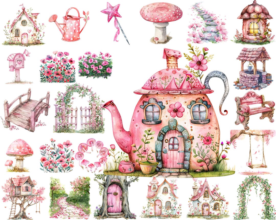 Pink Fairy Garden PNG Clipart Bundle, House Tree Mushroom Nursery Decor ...