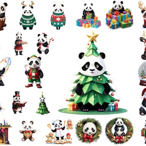 Kerstpanda png-clipartbundel, schattige kerstpanda vakantie kinderdagverblijf, digitale download, commercieel gebruik, afdrukbare kunst