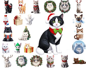 Christmas Cats Watercolor Clipart Bundle: Holiday PNG Images (Digital Download)