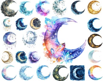 Watercolor Crescent Moon Clipart Bundle: Celestial Floral PNG (Digital Download)