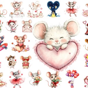 Paquete de imágenes prediseñadas PNG de ratón de San Valentín, ratón Cupido de acuarela, pintor romántico, descarga instantánea, uso comercial, arte imprimible