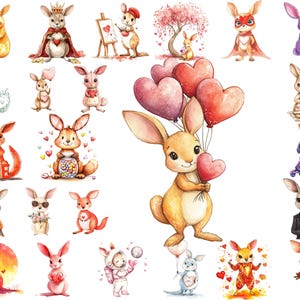 Lot de cliparts PNG kangourou de la Saint-Valentin, coeurs aquarelles, animal australien, téléchargement immédiat, usage commercial, oeuvre d'art imprimable